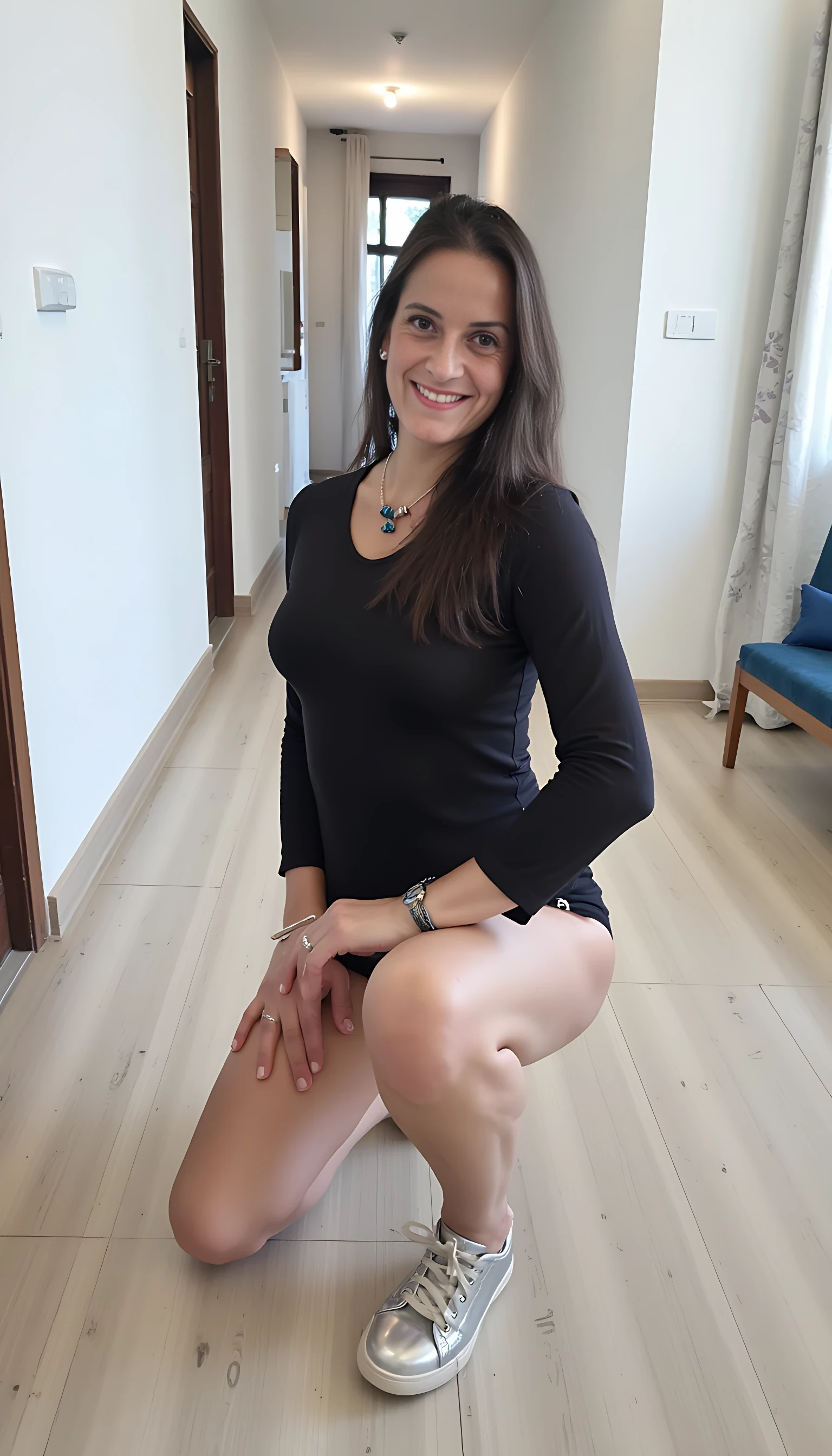 photo of woman CSTMDL, Indoor portrait of a woman kneeling, long hair, black shirt and shorts, metallic shoes, modern hallway, soft natural light.