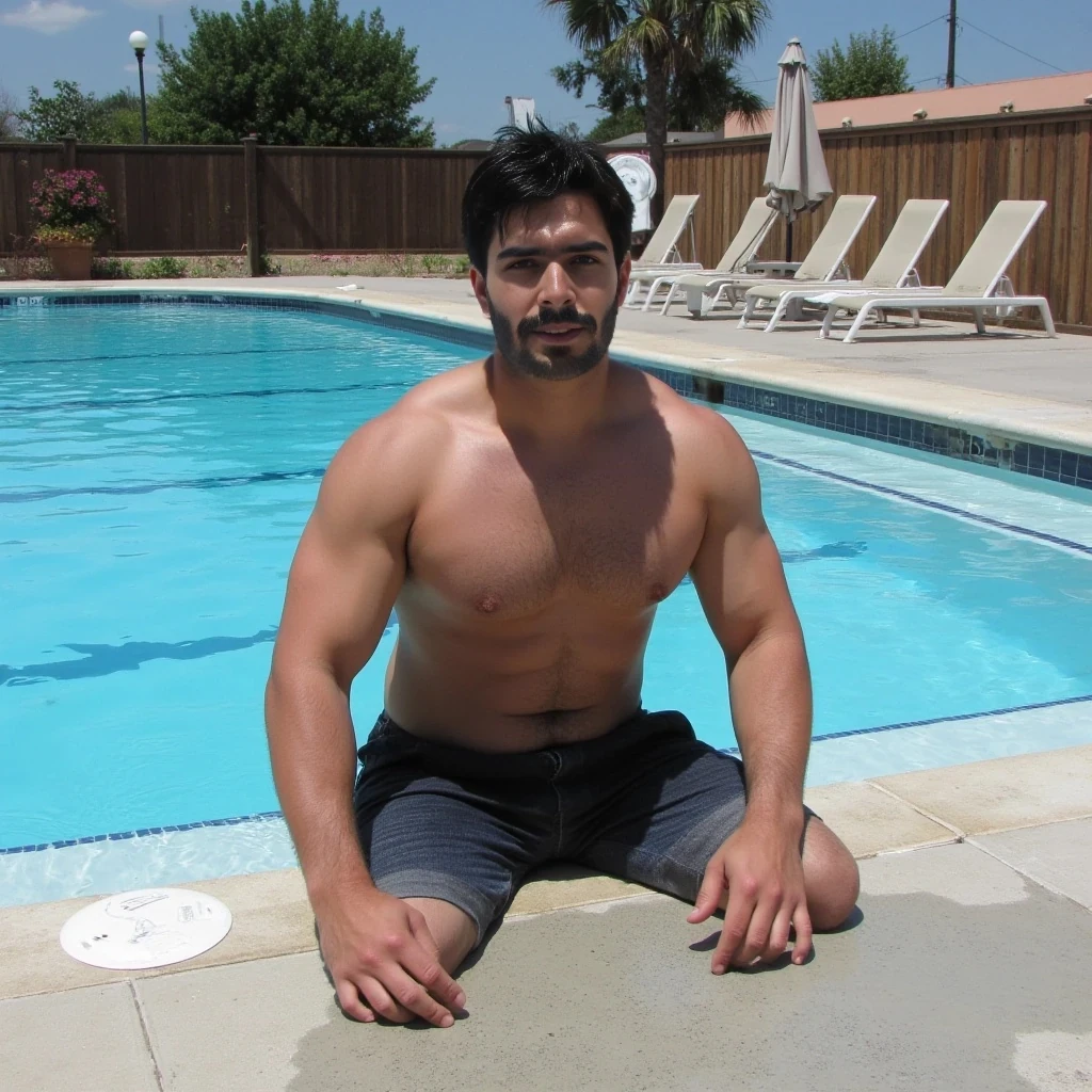 boring low quality snapchat photo circa 2015, cute man, black hair, full outfit with big muscles in the wiming pool