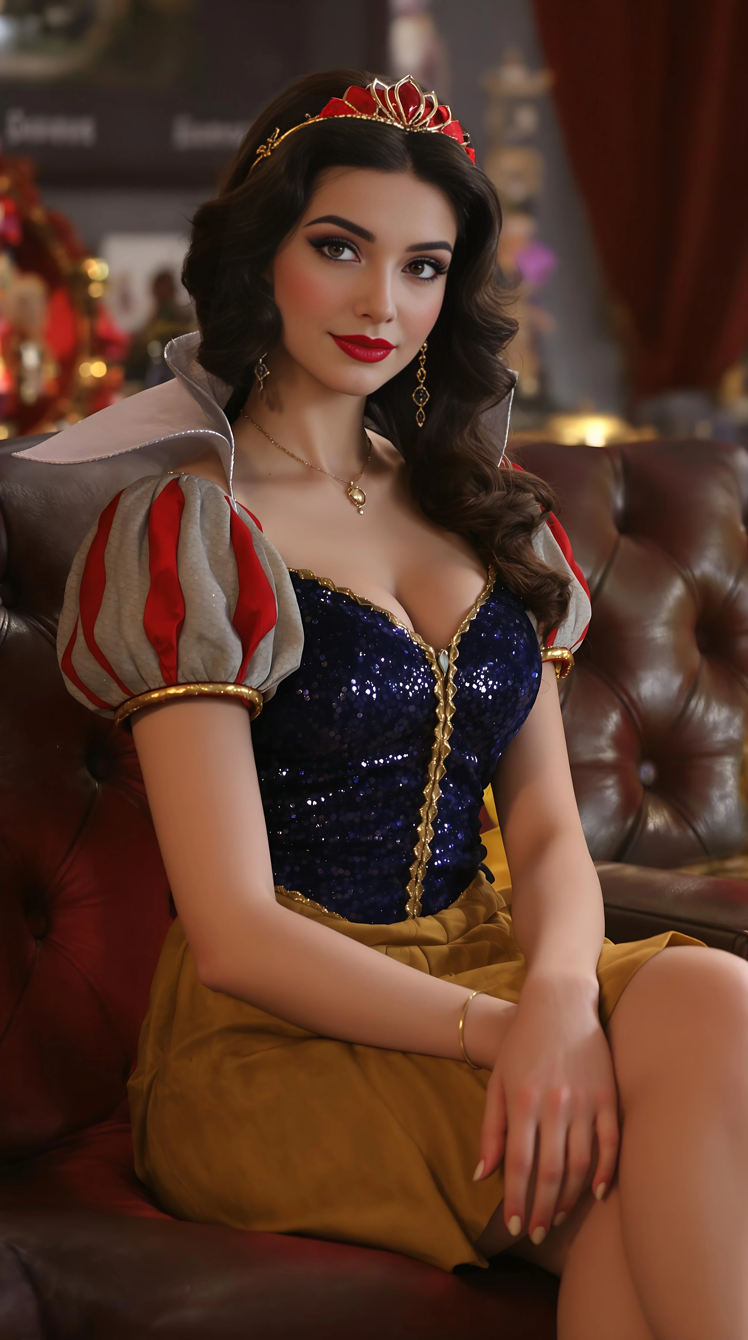 A 21st century new year 2025 modern Disney princess snow white version, snow white is wearing updated year 2025 trendy outfit that is her style, disney pixar, pixar, Disney princess snow white, but shes 18 years old now and a adult film actress, sitting very pretty on the casting couch 