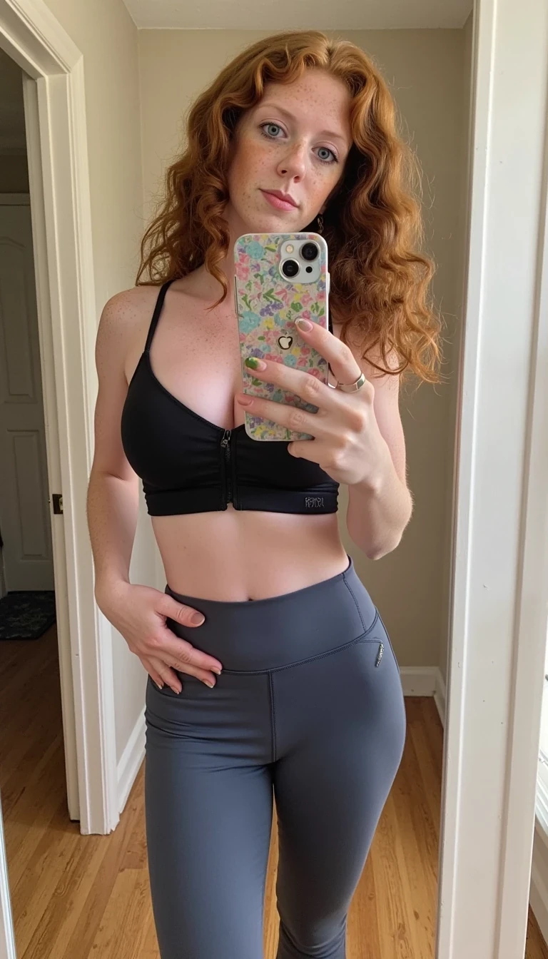 full body iphone mirror selfie of a 19 year old college girl CSTMDL with curly auburn hair and light blue eyes. She is wearing yoga pants and a sports bra