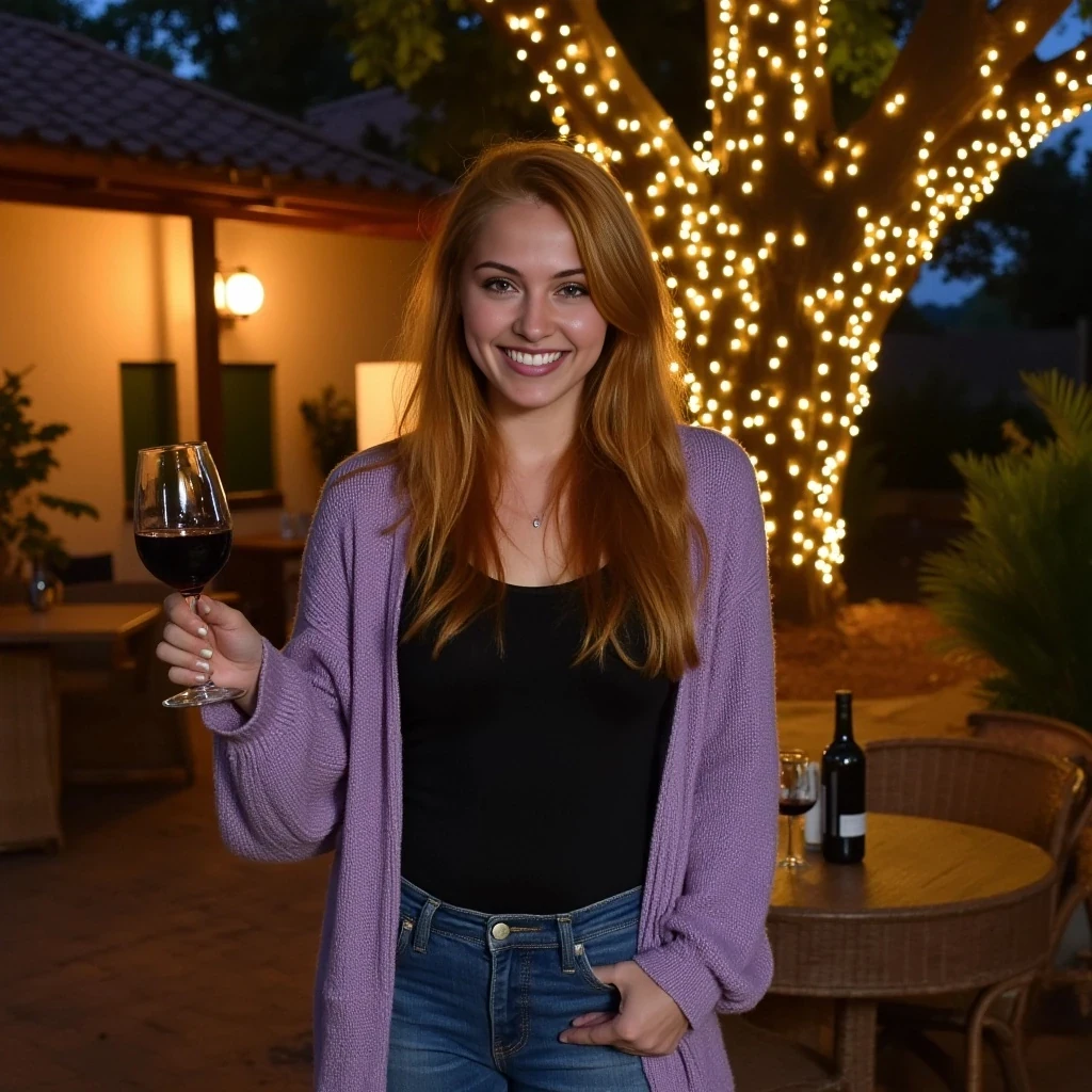 A full body shot photo of a woman standing outdoors at a cozy, warmly lit patio in the evening, with soft, glowing lights wrapped around a tree behind them creating a charming atmosphere. The image is rich in detail, with warm tones and clear textures throughout. The woman has fair skin, a slim build, and long reddish-blonde hair, also worn loose. She is smiling warmly at the camera, holding a glass of red wine in her right hand, and wears a soft-textured lavender cardigan over a black top. The background features a large tree with sparkling string lights wrapped around its trunk and branches, adding a magical touch to the scene. The setting suggests a private outdoor seating area, with elements like terracotta-tiled roofing, greenery, and rattan chairs contributing to a serene, inviting vibe. The overall composition is balanced, with the woman framed against the softly glowing tree, and the lighting enhances the warm, intimate feel of a quiet evening shared among friends. The details are vivid, with textures of clothing, skin, and background elements clearly visible, while the warm lighting creates a relaxed and joyful mood