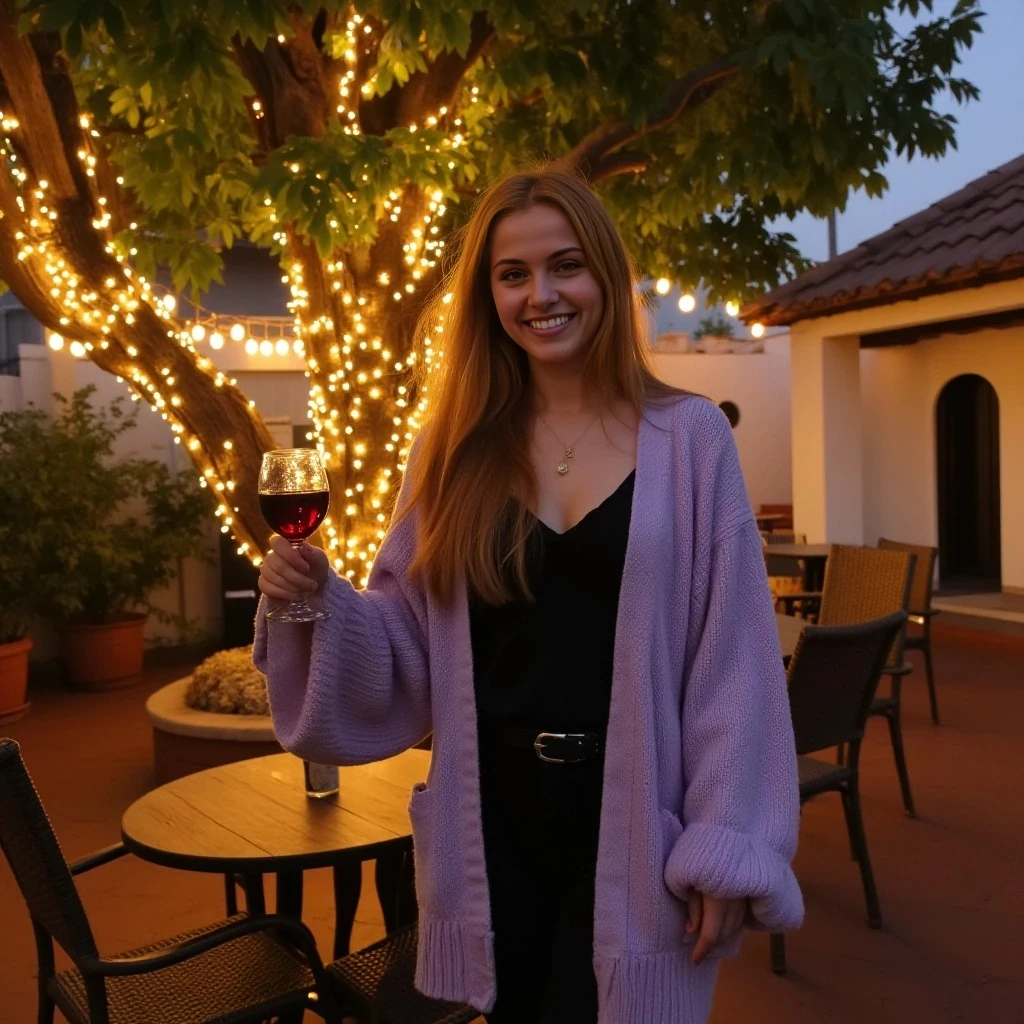 A full body shot photo of a woman standing outdoors at a cozy, warmly lit patio in the evening, with soft, glowing lights wrapped around a tree behind them creating a charming atmosphere. The image is rich in detail, with warm tones and clear textures throughout. The woman has fair skin, a slim build, and long reddish-blonde hair, also worn loose. She is smiling warmly at the camera, holding a glass of red wine in her right hand, and wears a soft-textured lavender cardigan over a black top. The background features a large tree with sparkling string lights wrapped around its trunk and branches, adding a magical touch to the scene. The setting suggests a private outdoor seating area, with elements like terracotta-tiled roofing, greenery, and rattan chairs contributing to a serene, inviting vibe. The overall composition is balanced, with the woman framed against the softly glowing tree, and the lighting enhances the warm, intimate feel of a quiet evening shared among friends. The details are vivid, with textures of clothing, skin, and background elements clearly visible, while the warm lighting creates a relaxed and joyful mood