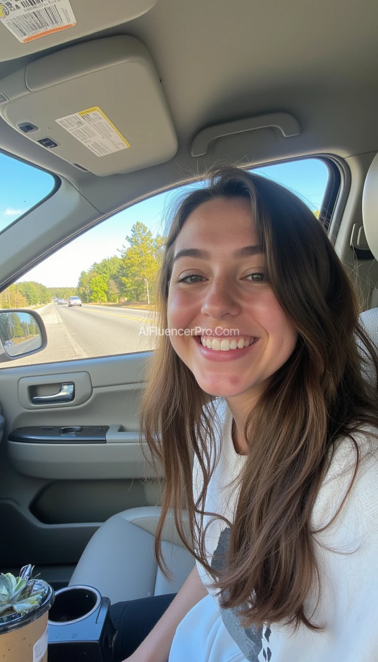 boring low quality snapchat photo circa 2015, A young woman with a warm smile, sitting in the driver's seat of a cozy car. She has soft, wavy brown hair cascading past her shoulders. The sunlight streams through the window, casting a gentle glow on her face. The interior of the car is neat and comfortable, with a coffee cup in the cup holder and a small plant on the dashboard. The background outside the window shows a scenic road lined with trees and blue skies