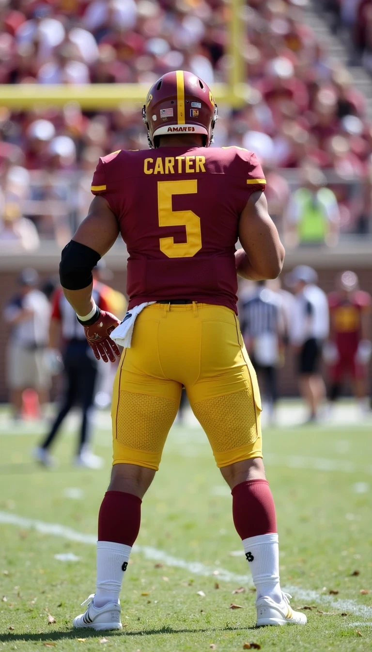 Gritty 90’s, wearing Arizona State university (yellow pitch fork logo)#5 football jersey, standing on sideline, Adidas logo on Pants and Jersey, playing QB, far view same face of Carter with bald head, skinny and younger look, cstmdl