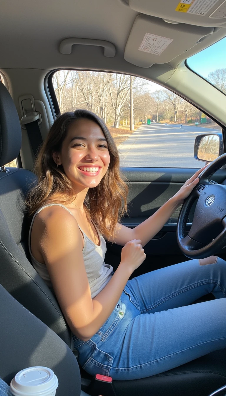 boring low quality snapchat photo circa 2015, A young woman with a warm smile, sitting in the driver's seat of a cozy car. She has soft, wavy brown hair cascading past her shoulders. The sunlight streams through the window, casting a gentle glow on her face. The interior of the car is neat and comfortable, with a coffee cup in the cup holder and a small plant on the dashboard. The background outside the window shows a scenic road lined with trees and blue skies
