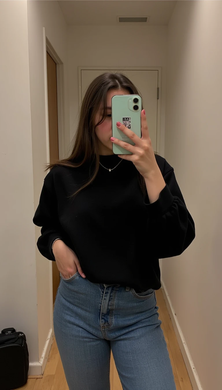 iphone photo, 1girl, photo medium, black shirt, long hair, jeans
