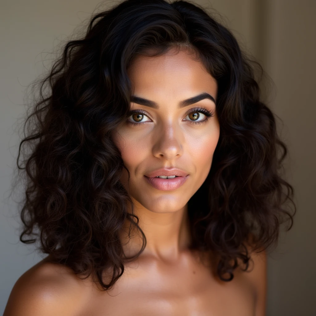 A brunette with shoulder length curly hair with sophisticated yet exotic look, half Columbia and half Caucasian America’s.  Cute nose, this eyebrows and full lips. 