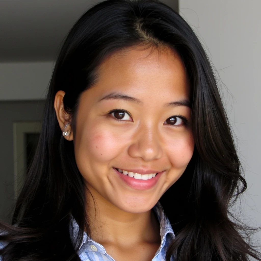 boring low quality snapchat photo circa 2015, She’s a stunning Japanese-Indian woman in her mid-20s with smooth, golden-brown skin adorned with delicate freckles across her nose and cheeks. Her almond-shaped, deep brown eyes gleam with warmth, framed by long, dark lashes. A radiant smile reveals charming dimples, accentuating her full, rosy lips. Her sleek, jet-black hair falls in soft waves, complementing her high cheekbones and soft jawline. Her vibrant, mixed-heritage beauty is captivating and unique.
