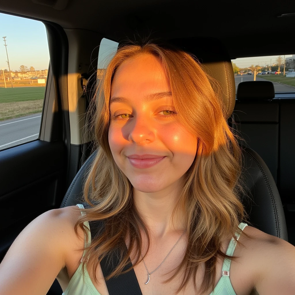Selfie photo of cute woman with soft light brown hair in a car, The light from the setting sun gives a soft orange glow across her face and upper body, casting long shadows