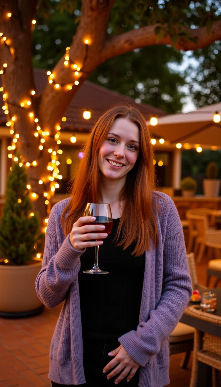 A full body shot photo of a woman standing outdoors at a cozy, warmly lit patio in the evening, with soft, glowing lights wrapped around a tree behind them creating a charming atmosphere. The image is rich in detail, with warm tones and clear textures throughout. The woman has fair skin, a slim build, and long reddish-blonde hair, also worn loose. She is smiling warmly at the camera, holding a glass of red wine in her right hand, and wears a soft-textured lavender cardigan over a black top. The background features a large tree with sparkling string lights wrapped around its trunk and branches, adding a magical touch to the scene. The setting suggests a private outdoor seating area, with elements like terracotta-tiled roofing, greenery, and rattan chairs contributing to a serene, inviting vibe. The overall composition is balanced, with the woman framed against the softly glowing tree, and the lighting enhances the warm, intimate feel of a quiet evening shared among friends. The details are vivid, with textures of clothing, skin, and background elements clearly visible, while the warm lighting creates a relaxed and joyful mood