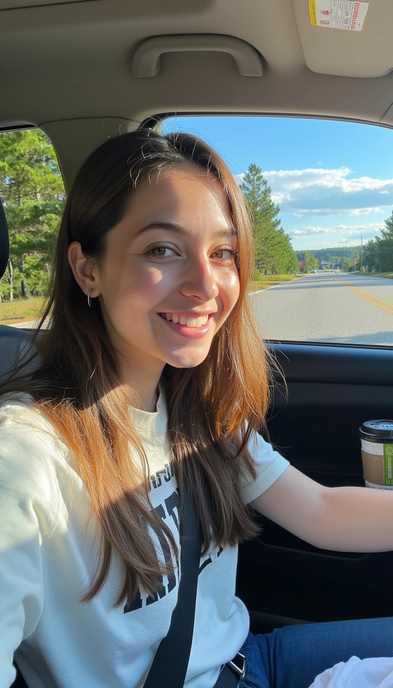 boring low quality snapchat photo circa 2015, A young woman with a warm smile, sitting in the driver's seat of a cozy car. She has soft, wavy brown hair cascading past her shoulders. The sunlight streams through the window, casting a gentle glow on her face. The interior of the car is neat and comfortable, with a coffee cup in the cup holder and a small plant on the dashboard. The background outside the window shows a scenic road lined with trees and blue skies