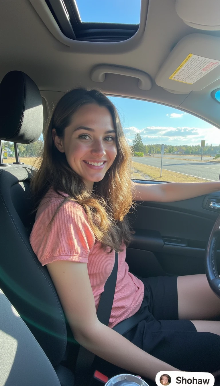 boring low quality snapchat photo circa 2015, A young woman with a warm smile, sitting in the driver's seat of a cozy car. She has soft, wavy brown hair cascading past her shoulders. The sunlight streams through the window, casting a gentle glow on her face. The interior of the car is neat and comfortable, with a coffee cup in the cup holder and a small plant on the dashboard. The background outside the window shows a scenic road lined with trees and blue skies