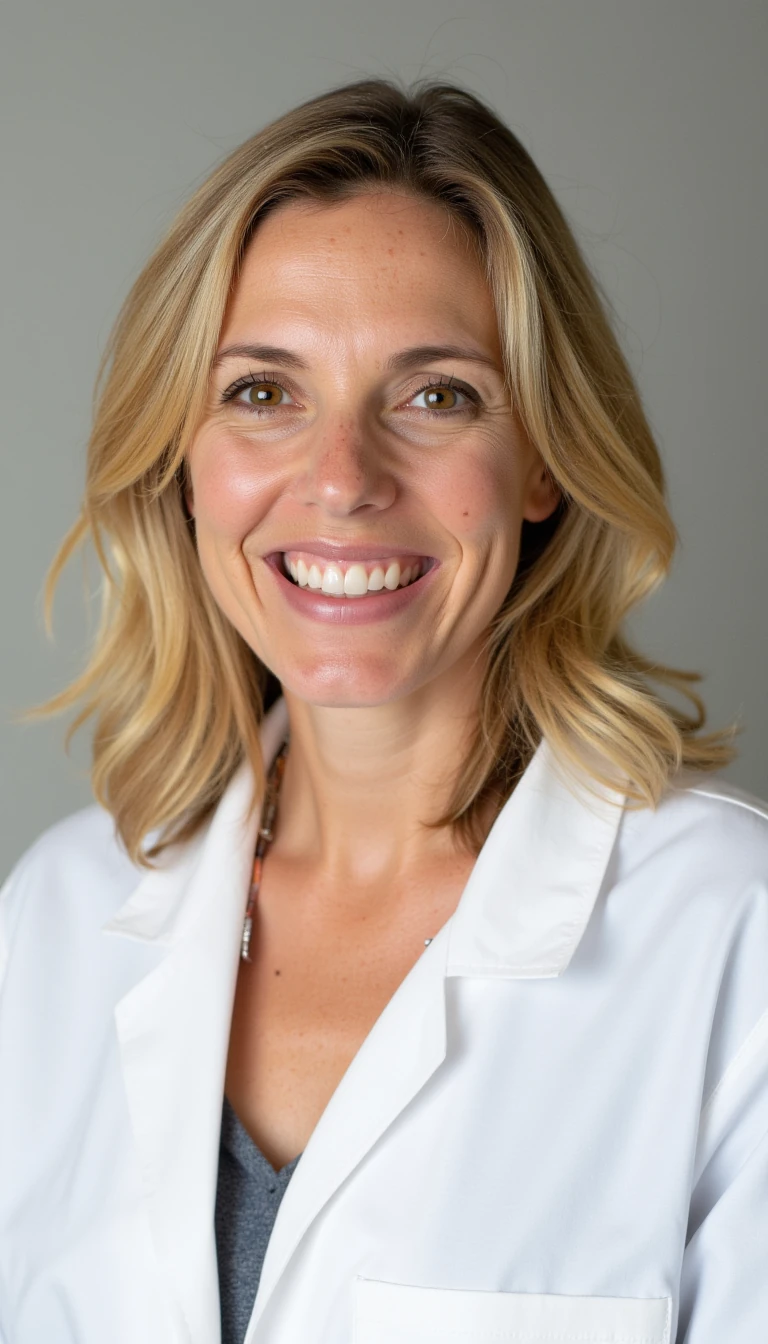 Photograph of a smiling Caucasian woman with shoulder-length, wavy blonde hair, wearing a white lab coat, with freckles on her cheeks and nose.
