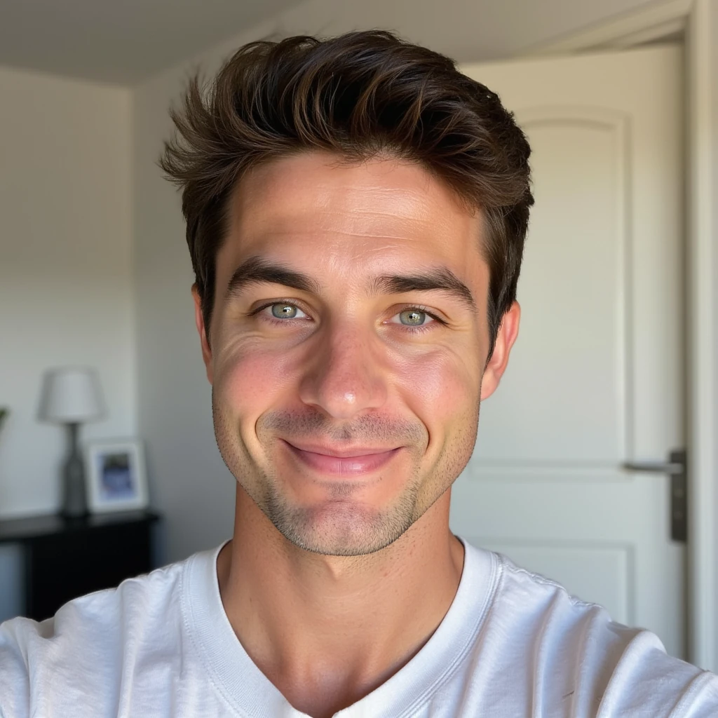 Selfie photo 23 year old white male with European background, dark brown hair, blue eyes, nice smile