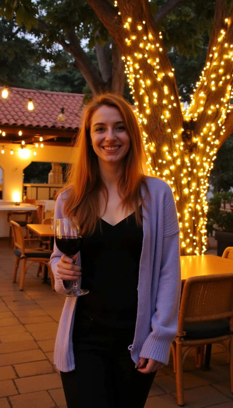 A full body shot photo of a woman standing outdoors at a cozy, warmly lit patio in the evening, with soft, glowing lights wrapped around a tree behind them creating a charming atmosphere. The image is rich in detail, with warm tones and clear textures throughout. The woman has fair skin, a slim build, and long reddish-blonde hair, also worn loose. She is smiling warmly at the camera, holding a glass of red wine in her right hand, and wears a soft-textured lavender cardigan over a black top. The background features a large tree with sparkling string lights wrapped around its trunk and branches, adding a magical touch to the scene. The setting suggests a private outdoor seating area, with elements like terracotta-tiled roofing, greenery, and rattan chairs contributing to a serene, inviting vibe. The overall composition is balanced, with the woman framed against the softly glowing tree, and the lighting enhances the warm, intimate feel of a quiet evening shared among friends. The details are vivid, with textures of clothing, skin, and background elements clearly visible, while the warm lighting creates a relaxed and joyful mood