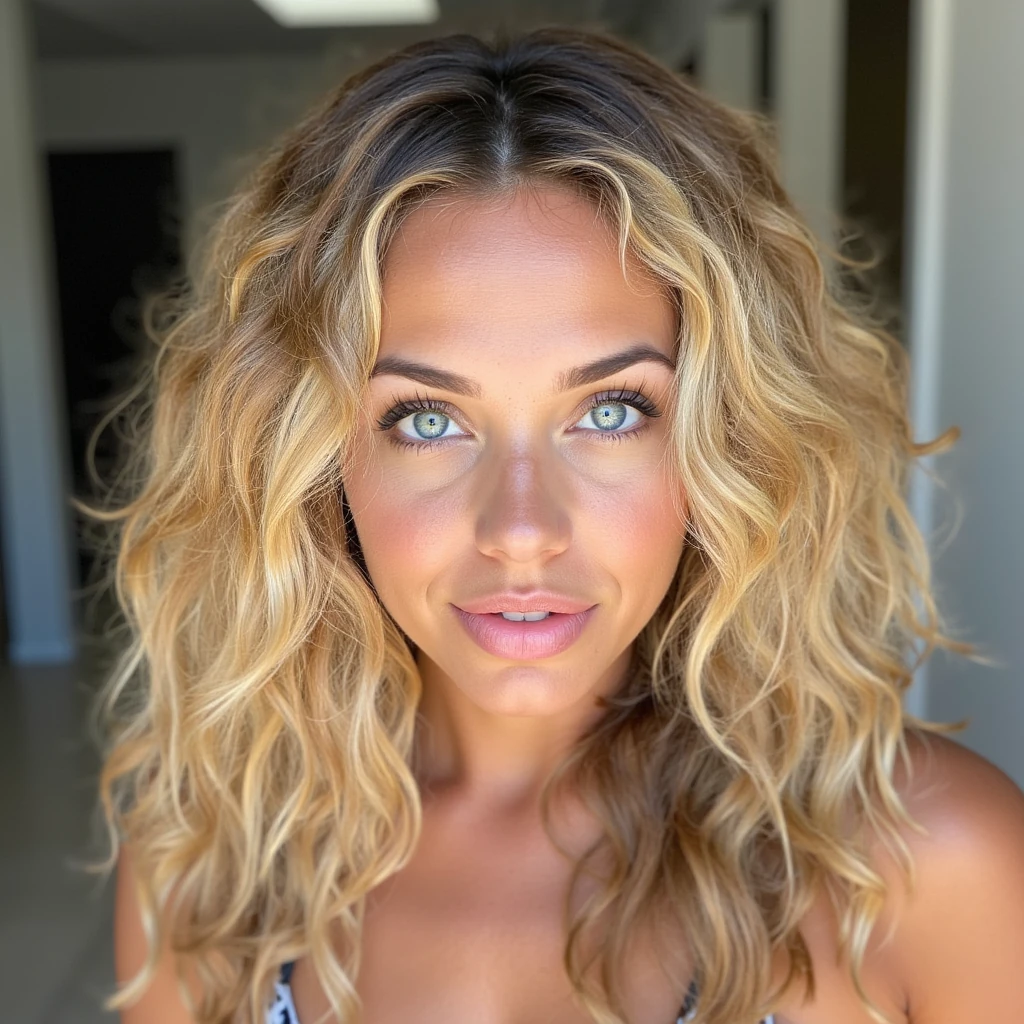 tan skin, striking blue eyes, full lips, long sandy blonde curly haid with highlights, long eyelashes. 30 years old 