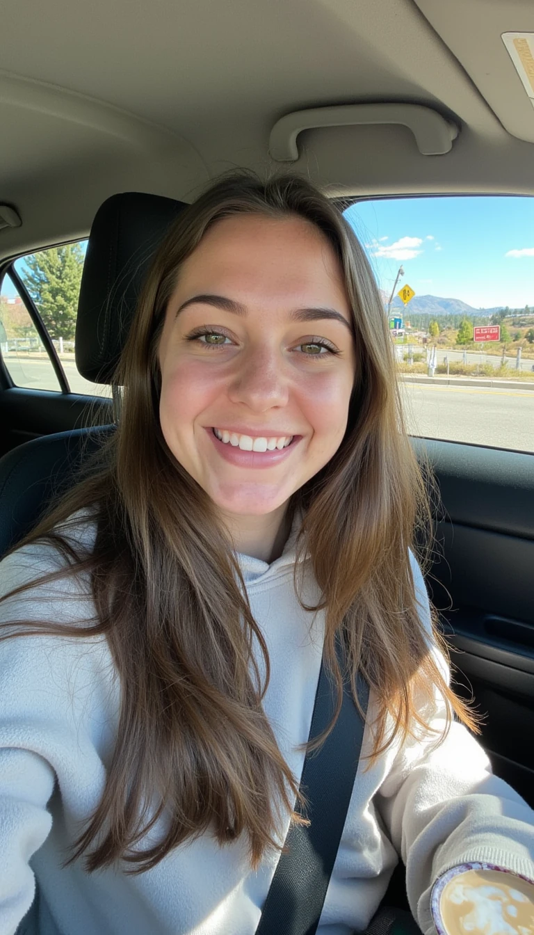 boring low quality snapchat photo circa 2015, A young woman with a warm smile, sitting in the driver's seat of a cozy car. She has soft, wavy brown hair cascading past her shoulders. The sunlight streams through the window, casting a gentle glow on her face. The interior of the car is neat and comfortable, with a coffee cup in the cup holder and a small plant on the dashboard. The background outside the window shows a scenic road lined with trees and blue skies