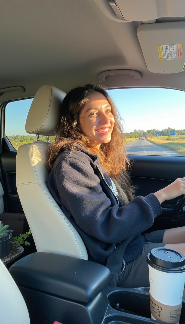 boring low quality snapchat photo circa 2015, A young woman with a warm smile, sitting in the driver's seat of a cozy car. She has soft, wavy brown hair cascading past her shoulders. The sunlight streams through the window, casting a gentle glow on her face. The interior of the car is neat and comfortable, with a coffee cup in the cup holder and a small plant on the dashboard. The background outside the window shows a scenic road lined with trees and blue skies