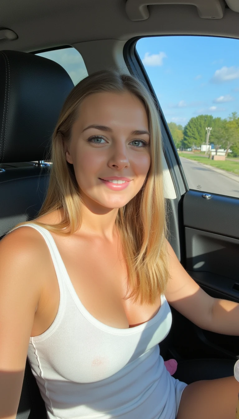 boring low quality snapchat photo circa 2015, A young woman with a warm smile, sitting in the driver's seat of a cozy car. She has soft, straight blonde hair cascading past her shoulders. She is wearing a white low cut top showing her cleavage line. The sunlight streams through the window, casting a gentle glow on her face. The interior of the car is neat and comfortable, with a coffee cup in the cup holder and a small plant on the dashboard. The background outside the window shows a scenic road lined with trees and blue skies