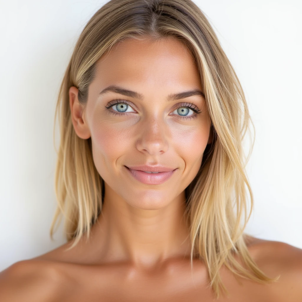 Highly detailed professional photography captured in a front-facing close-up on an 85mm f/1.4 lens with shallow depth of field. The portrait shows a mid-20s attractive female with shoulder-length straight blonde hair, side parted slightly. Her skin is sun-kissed and youthful, showing natural texture without freckles or wrinkles. Bright blue eyes are framed by gently arched brows, and her face has a softly rounded shape with fuller cheeks. Expression is subtly positive, conveying a relaxed influencer vibe. Lighting is soft, even, and shadow-free. The background is pure seamless white, rendered in 64k ultra-high-definition photorealism with no filters or enhancements.