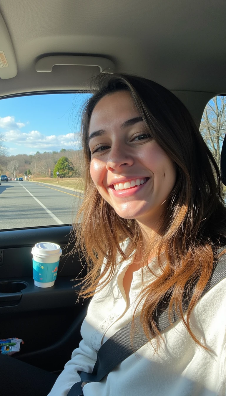 boring low quality snapchat photo circa 2015, A young woman with a warm smile, sitting in the driver's seat of a cozy car. She has soft, wavy brown hair cascading past her shoulders. The sunlight streams through the window, casting a gentle glow on her face. The interior of the car is neat and comfortable, with a coffee cup in the cup holder and a small plant on the dashboard. The background outside the window shows a scenic road lined with trees and blue skies