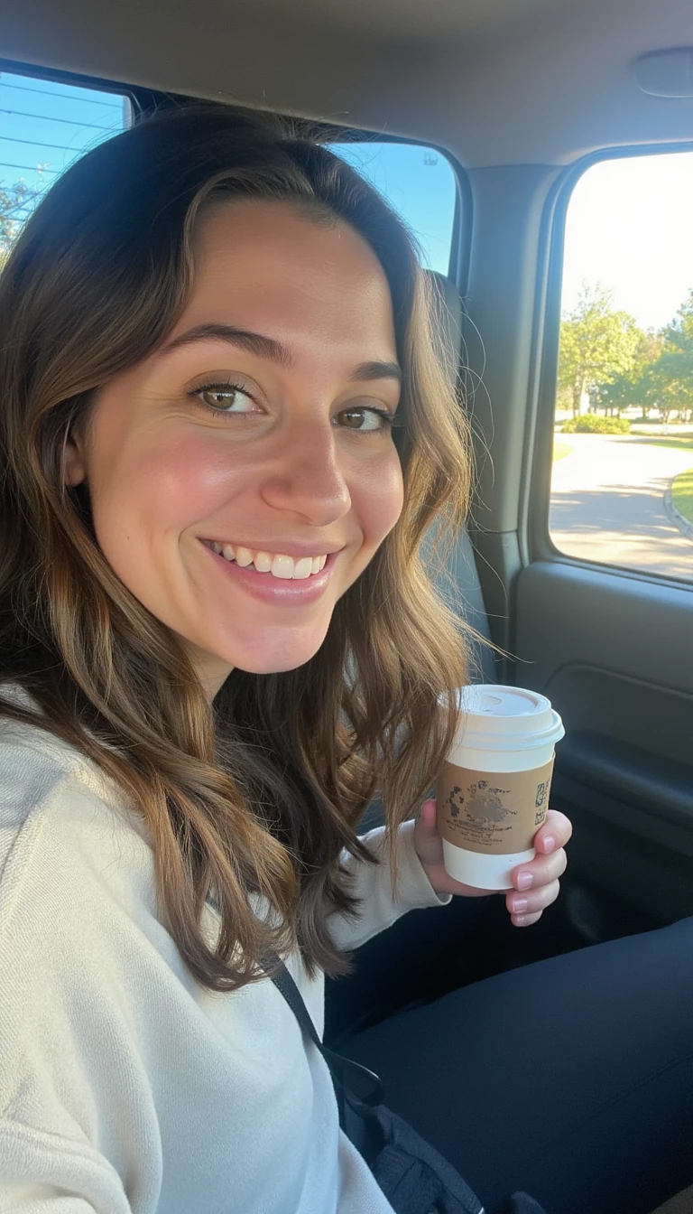 boring low quality snapchat photo circa 2015, A young woman with a warm smile, sitting in the driver's seat of a cozy car. She has soft, wavy brown hair cascading past her shoulders. The sunlight streams through the window, casting a gentle glow on her face. The interior of the car is neat and comfortable, with a coffee cup in the cup holder and a small plant on the dashboard. The background outside the window shows a scenic road lined with trees and blue skies
