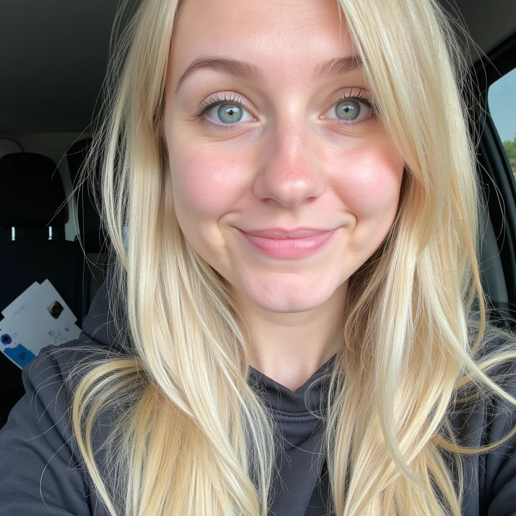 boring low quality snapchat photo circa 2015, eastern slavic girl 27 years old,  blonde hair, white theet smilling selfie with blue eyes
