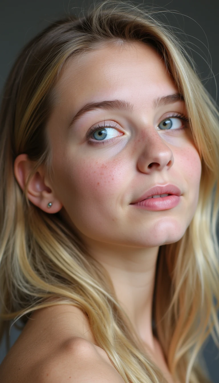 A young female face with fair skin, subtle natural glow, light pink undertones, and a smooth complexion with visible natural freckles across the cheeks and nose. She has light blue-gray eyes with a soft, neutral gaze, framed by naturally shaped, medium-thick eyebrows. Her lips are full with a natural rosy tone, and her nose is small and delicate. She has high cheekbones, a softly defined jawline, and long, slightly tousled blonde hair framing her face. Looking over her shoulder to right