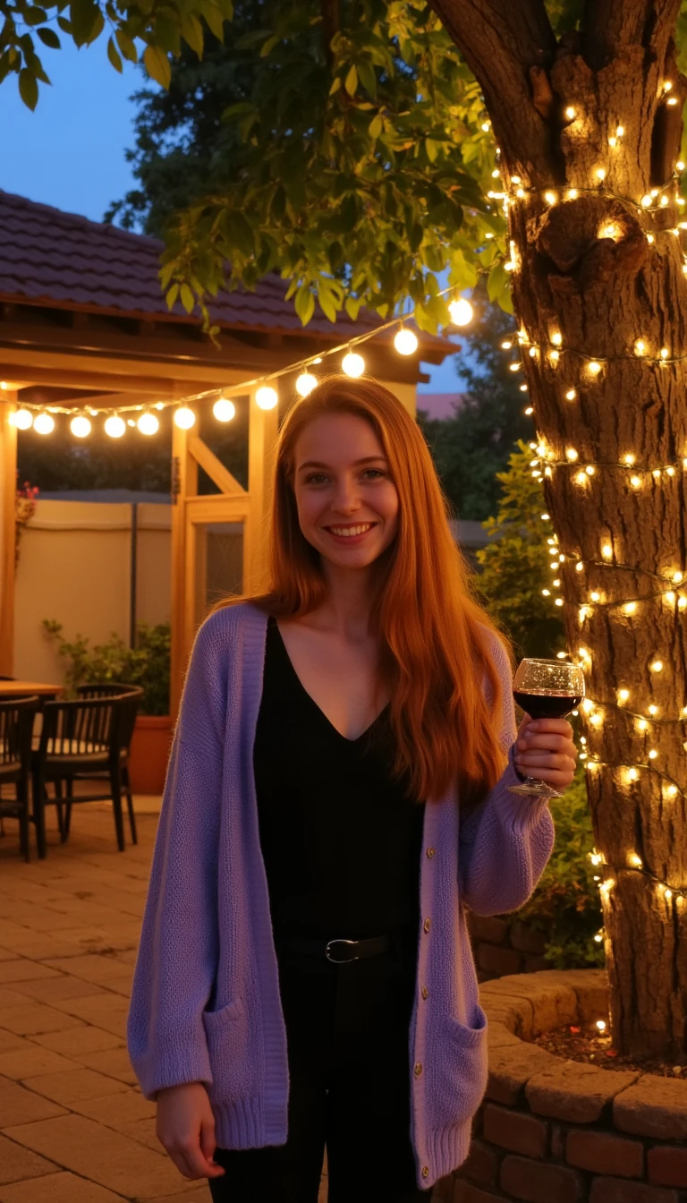 A full body shot photo of a woman standing outdoors at a cozy, warmly lit patio in the evening, with soft, glowing lights wrapped around a tree behind them creating a charming atmosphere. The image is rich in detail, with warm tones and clear textures throughout. The woman has fair skin, a slim build, and long reddish-blonde hair, also worn loose. She is smiling warmly at the camera, holding a glass of red wine in her right hand, and wears a soft-textured lavender cardigan over a black top. The background features a large tree with sparkling string lights wrapped around its trunk and branches, adding a magical touch to the scene. The setting suggests a private outdoor seating area, with elements like terracotta-tiled roofing, greenery, and rattan chairs contributing to a serene, inviting vibe. The overall composition is balanced, with the woman framed against the softly glowing tree, and the lighting enhances the warm, intimate feel of a quiet evening shared among friends. The details are vivid, with textures of clothing, skin, and background elements clearly visible, while the warm lighting creates a relaxed and joyful mood