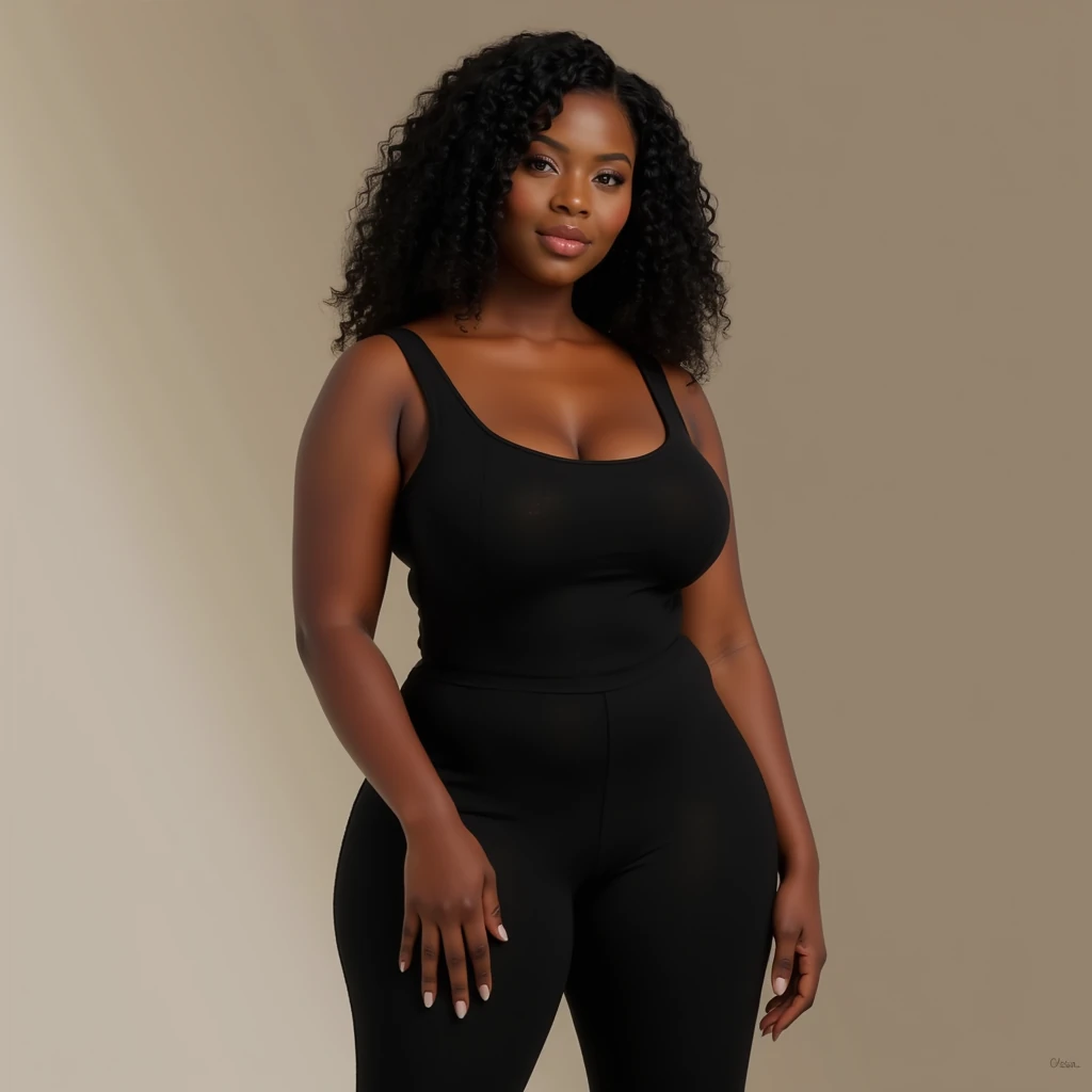 Create a photorealistic image of a beautiful 26-year-old dark-skinned Black woman. She has a radiant, smooth complexion, a confident posture, and natural, balanced proportions — a curvy hourglass figure with a slim waist, full hips, and a full chest. Her body looks 100% natural and realistic, not exaggerated or cartoonish. She has expressive hazel eyes, full lips, and a confident, relaxed expression. The lighting should be soft and flattering, with a natural background like a studio or softly lit room. The woman is stylishly dressed in form-fitting, tasteful clothing that compliments her figure. No nudity. Focus on elegance, natural beauty, and realism.