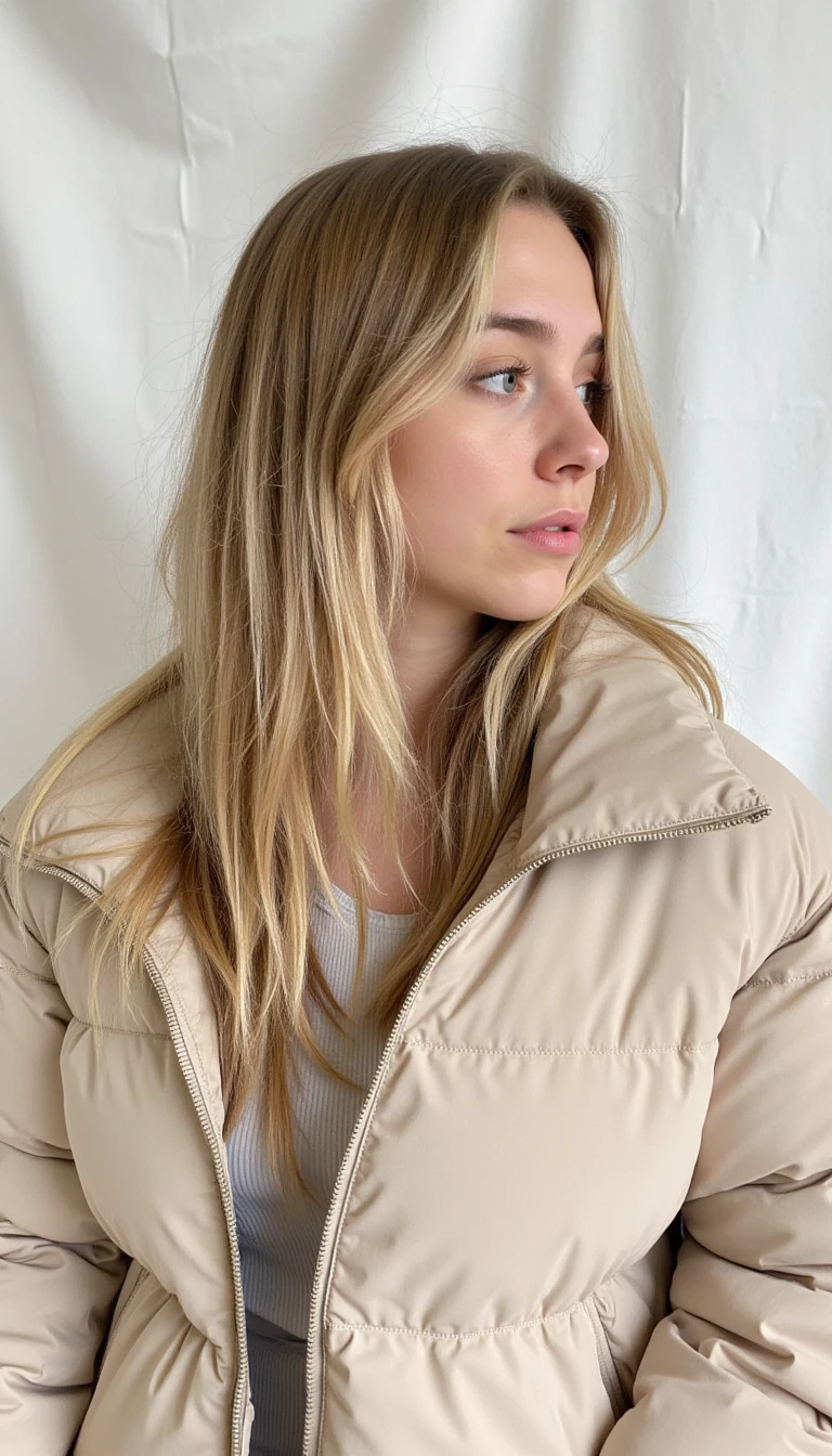 This is a photograph of a young woman with long, wavy blonde hair that cascades over her shoulders. She has fair skin and is wearing minimal makeup, emphasizing her natural beauty. Her eyes are slightly open and she has a neutral expression on her face, with slightly parted lips. She is dressed in a light beige, off-the-shoulder puffer jacket, which adds a cozy, casual vibe to the image. The background is plain and white, possibly a textured wall or fabric, which keeps the focus on the subject. The overall tone of the photograph is soft and natural, with gentle lighting that highlights her features and the texture of her hair. Looking to the right side