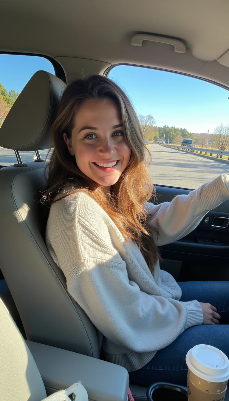 boring low quality snapchat photo circa 2015, A young woman with a warm smile, sitting in the driver's seat of a cozy car. She has soft, wavy brown hair cascading past her shoulders. The sunlight streams through the window, casting a gentle glow on her face. The interior of the car is neat and comfortable, with a coffee cup in the cup holder and a small plant on the dashboard. The background outside the window shows a scenic road lined with trees and blue skies