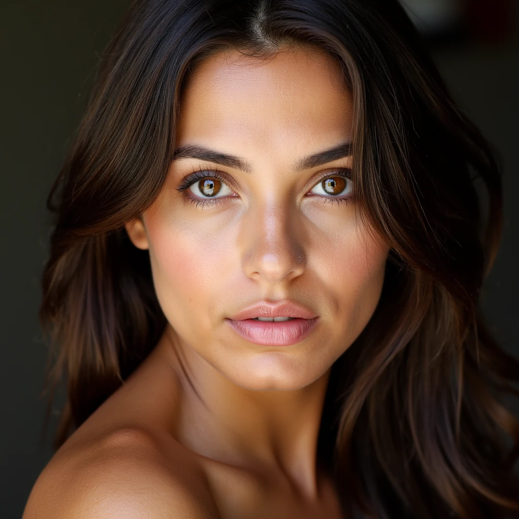 portrait of sofiaMarquez, brunette, brown eyes, close-up, natural light