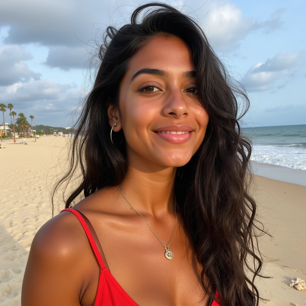 a 21-year-old Colombian social-media influencer known for her fun, confident, and adventurous spirit. She has glowing caramel-tan skin, long dark wavy hair, and warm brown eyes that sparkle with life. Standing about 5'4", she’s thick and full of energy — a dancer, beach lover, and fashion trend-setter.

Her personality is bold yet friendly: playful, curious, and full of Latin charm. She loves tropical travel, music festivals, beach days, and spontaneous nights out with friends.  vibe blends “cute and confident” with a hint of mystery.
