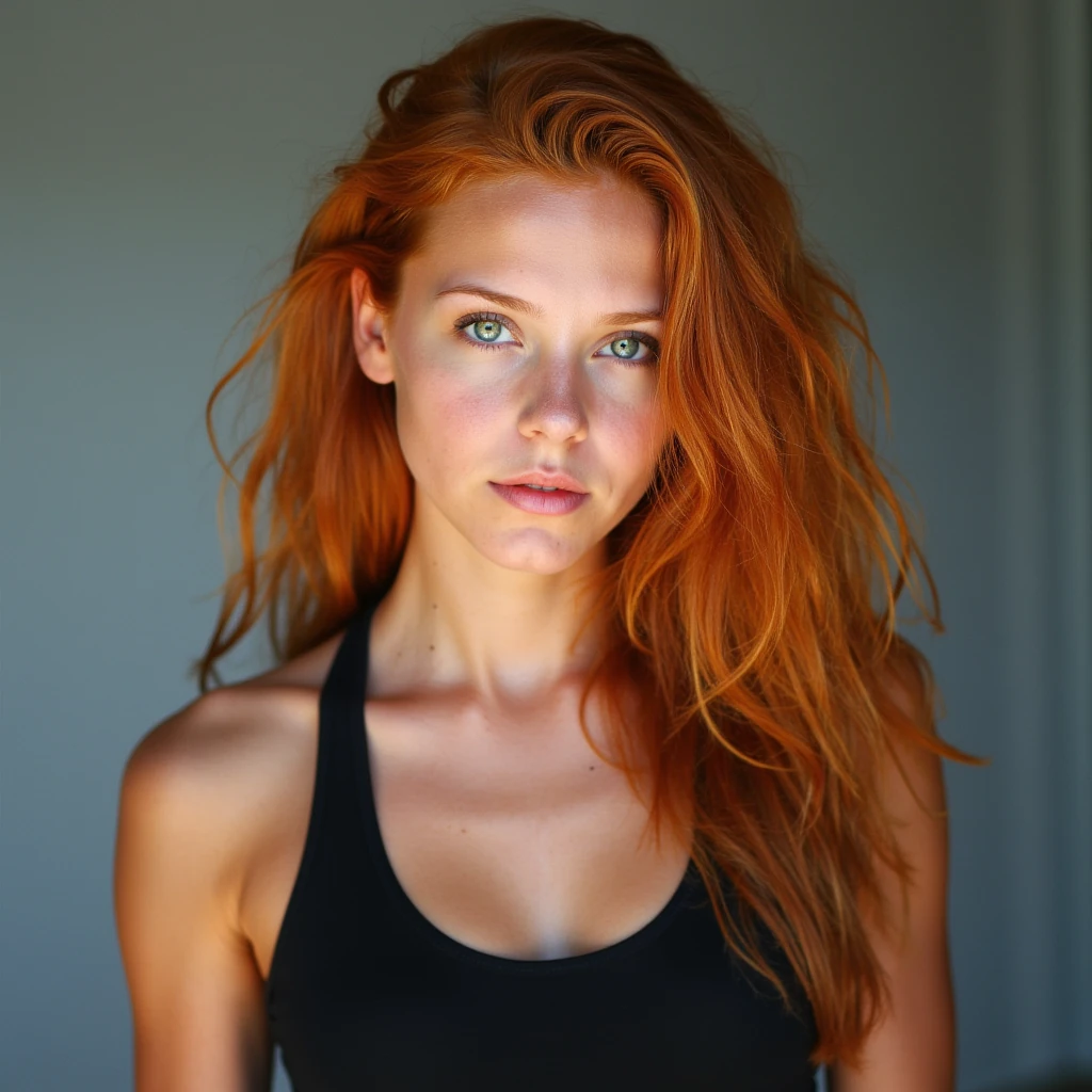 Portrait of young woman, ginger hair, green eyes and beautiful face. Athletic body 
