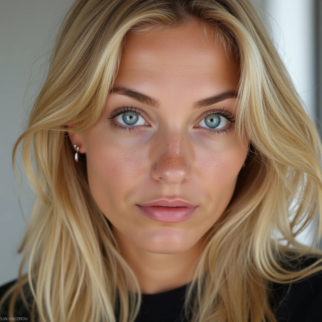 portrait of elinSundberg, 23 year old Swedish woman, blonde hair, blue eyes, close-up, looking straight into the camera, natural daylight, ultra realistic, 8k, top model