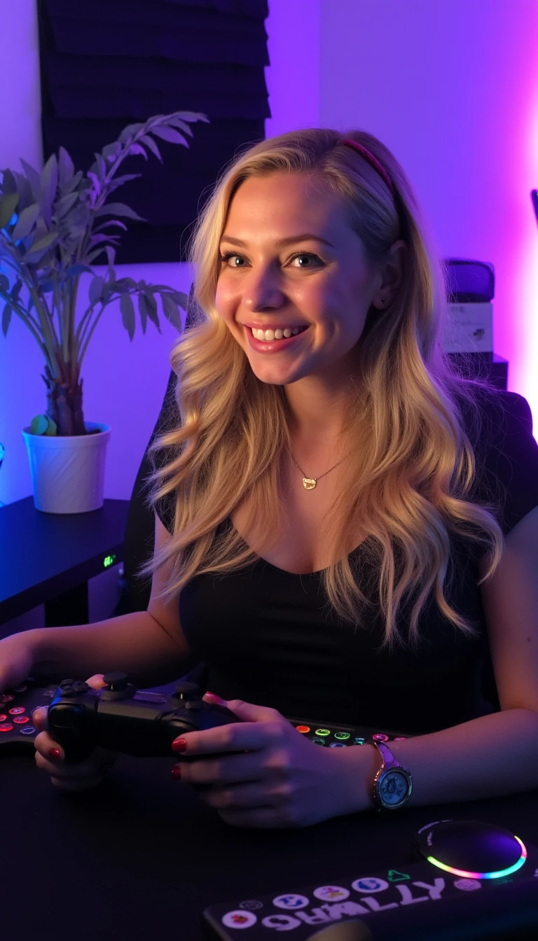 blonde gamer girl, long wavy hair, sitting at a gaming PC desk. smiling with a game controller in hand. use RGB lights in background, clean professional desk and gaming room. she has large chest and slim waist but a gentle glow on her face, welcoming. use a plant and coffee cup in the background