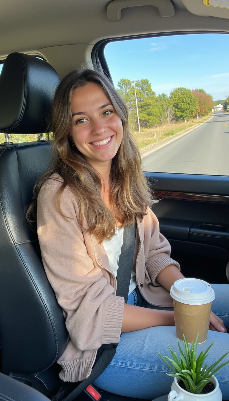 boring low quality snapchat photo circa 2015, A young woman with a warm smile, sitting in the driver's seat of a cozy car. She has soft, wavy brown hair cascading past her shoulders. The sunlight streams through the window, casting a gentle glow on her face. The interior of the car is neat and comfortable, with a coffee cup in the cup holder and a small plant on the dashboard. The background outside the window shows a scenic road lined with trees and blue skies