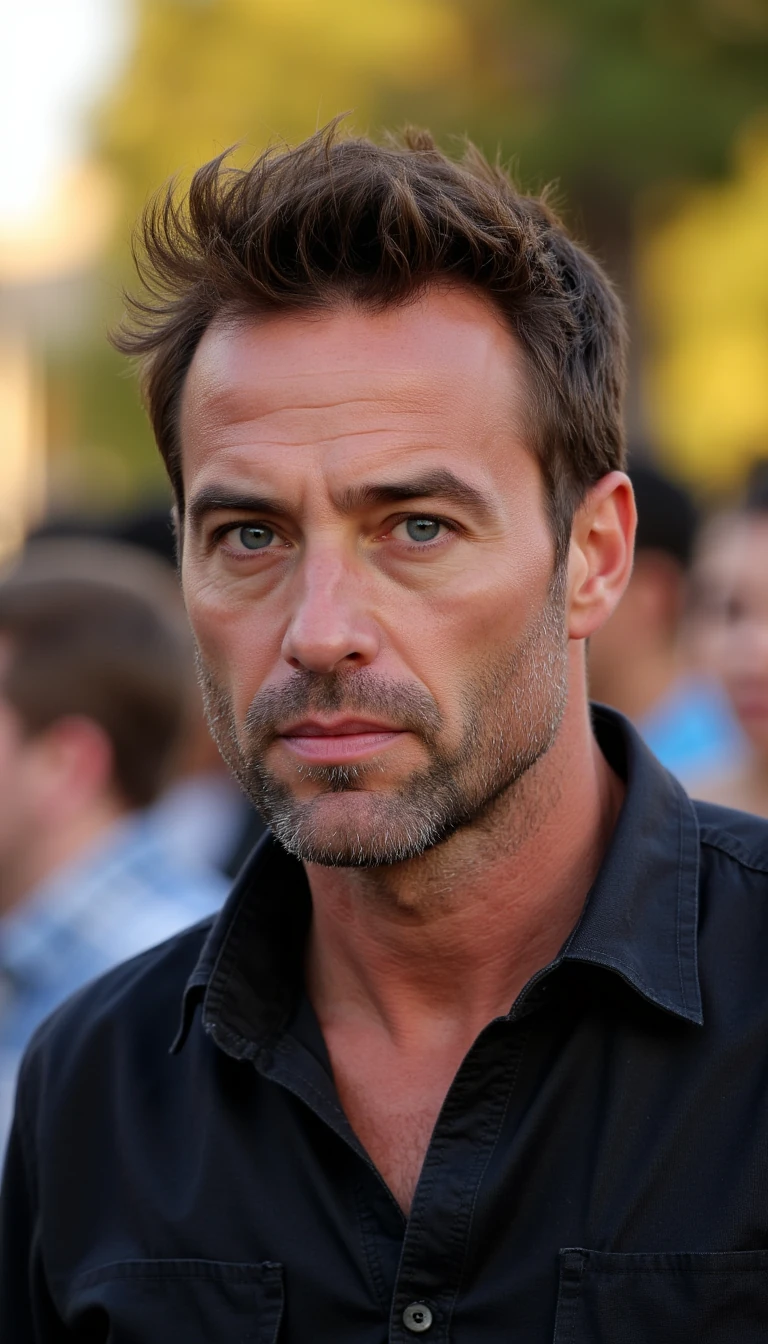 A candid photo of a 40-year-old man with rugged, masculine features and refined style. His frame is larger than average. He has thick, professionally styled brown hair and piercing light grey eyes that look focused and intense, not smiling. His expression is calm, confident, and thoughtful — a natural look, not posed. The setting is an outdoor gathering at sunset, with warm, golden light and a soft background blur. The photo looks like it was taken on an iPhone — slightly grainy, natural lighting, subtle imperfections, and realistic flaws. Emphasize his sharp eyes, strong jawline, and the golden-hour tones.