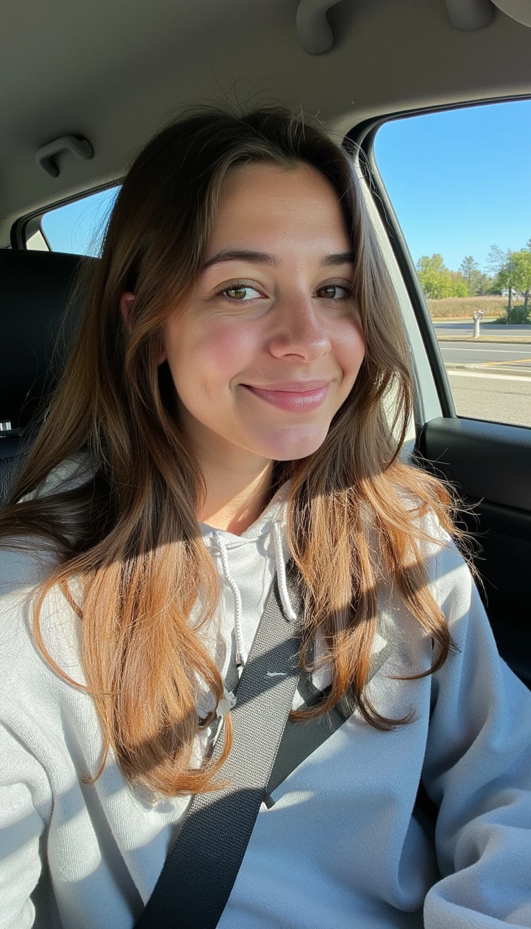boring low quality snapchat photo circa 2015, A young woman with a warm smile, sitting in the driver's seat of a cozy car. She has soft, wavy brown hair and mixed race. Half from Africa and half from Sweden.  cascading past her shoulders. The sunlight streams through the window, casting a gentle glow on her face. The interior of the car is neat and comfortable, with a coffee cup in the cup holder and a small plant on the dashboard. The background outside the window shows a scenic road lined with trees and blue skies and she is wearing a Nike hoodie. 