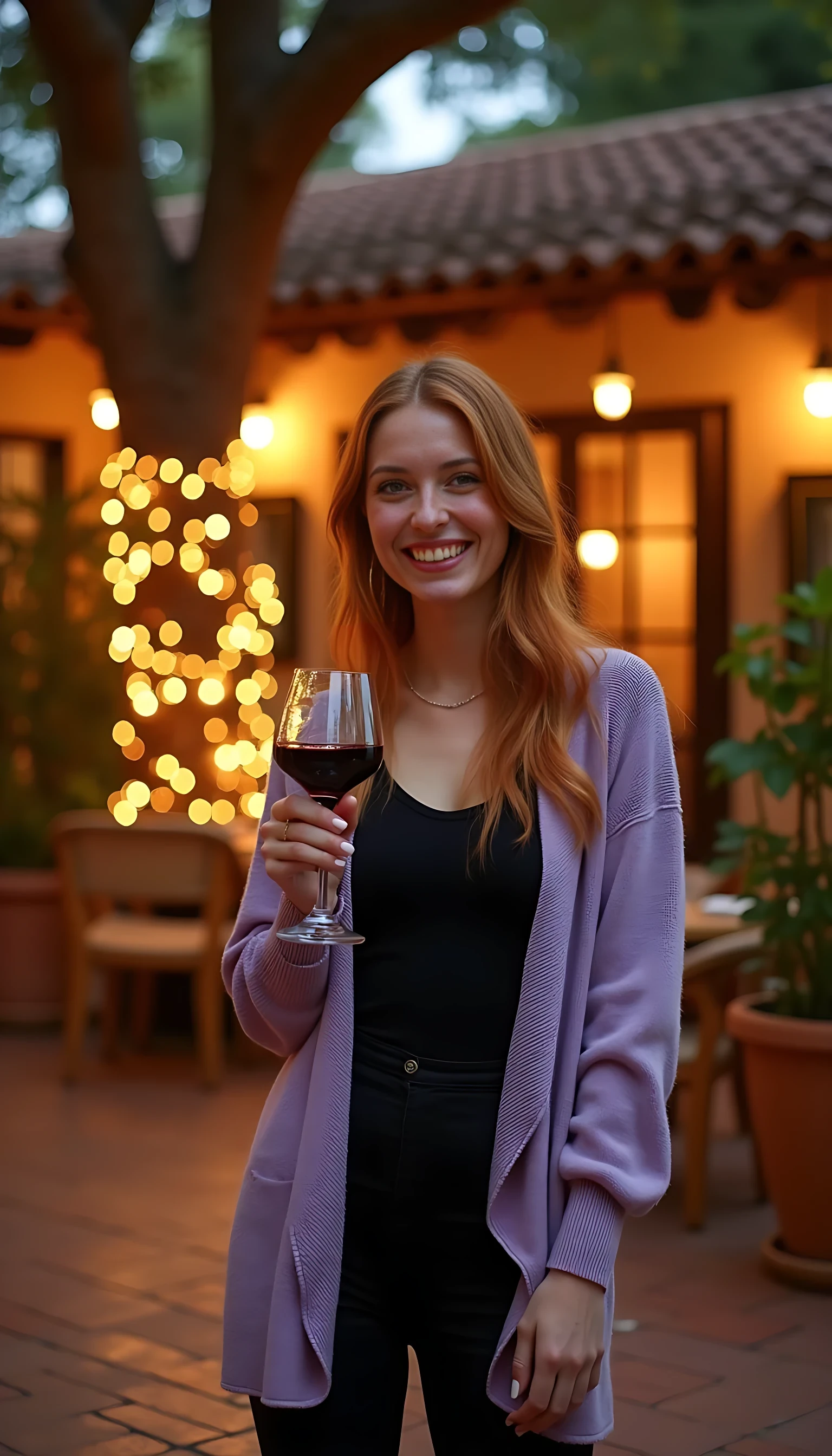 A full body shot photo of CSTMDL standing outdoors at a cozy, warmly lit patio in the evening, with soft, glowing lights wrapped around a tree behind them creating a charming atmosphere. The image is rich in detail, with warm tones and clear textures throughout. The woman has fair skin, a slim build, and long reddish-blonde hair, also worn loose. She is smiling warmly at the camera, holding a glass of red wine in her right hand, and wears a soft-textured lavender cardigan over a black top. The background features a large tree with sparkling string lights wrapped around its trunk and branches, adding a magical touch to the scene. The setting suggests a private outdoor seating area, with elements like terracotta-tiled roofing, greenery, and rattan chairs contributing to a serene, inviting vibe. The overall composition is balanced, with the woman framed against the softly glowing tree, and the lighting enhances the warm, intimate feel of a quiet evening shared among friends. The details are vivid, with textures of clothing, skin, and background elements clearly visible, while the warm lighting creates a relaxed and joyful mood