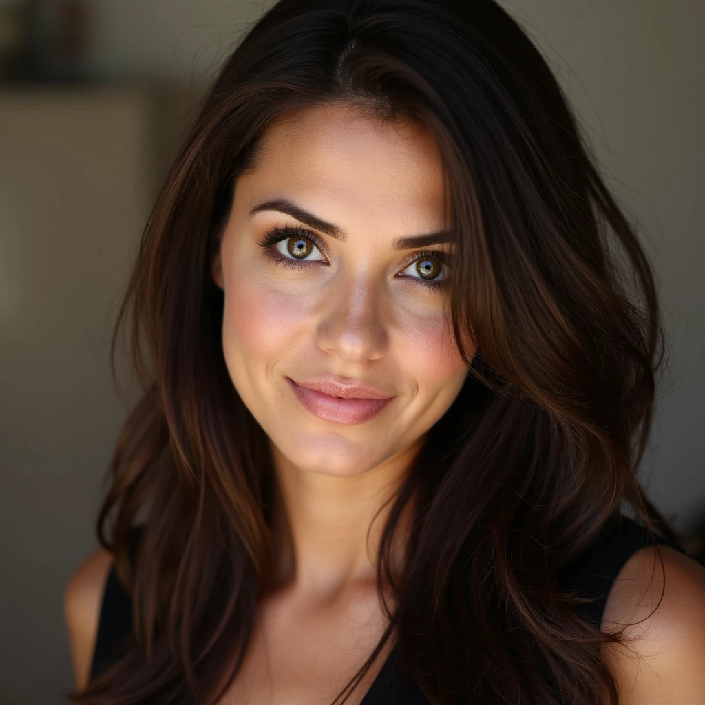 An attractive brunette woman in her early 30s with hazel eyes and long hair.