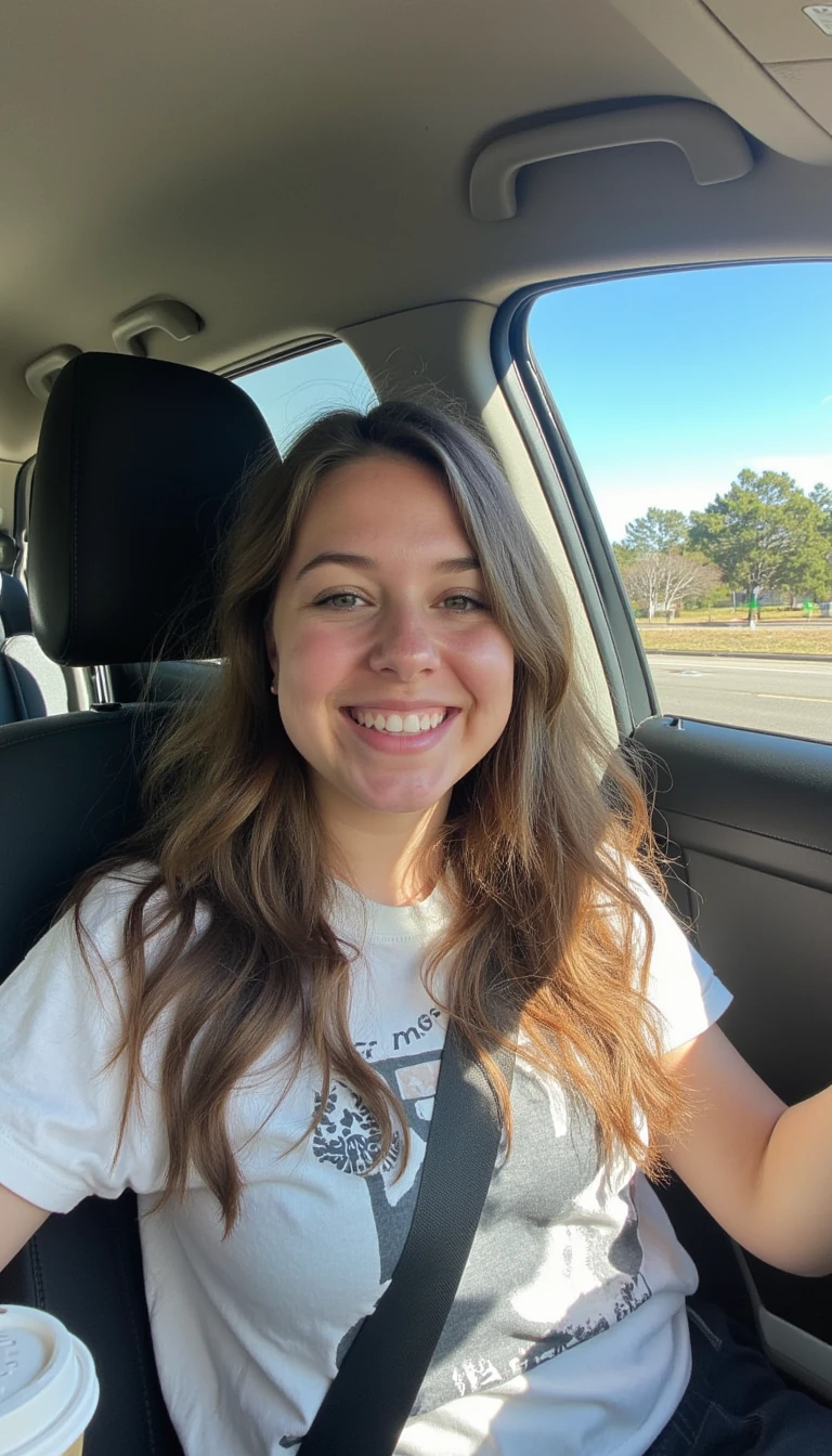 boring low quality snapchat photo circa 2015, A young woman with a warm smile, sitting in the driver's seat of a cozy car. She has soft, wavy brown hair cascading past her shoulders. The sunlight streams through the window, casting a gentle glow on her face. The interior of the car is neat and comfortable, with a coffee cup in the cup holder and a small plant on the dashboard. The background outside the window shows a scenic road lined with trees and blue skies