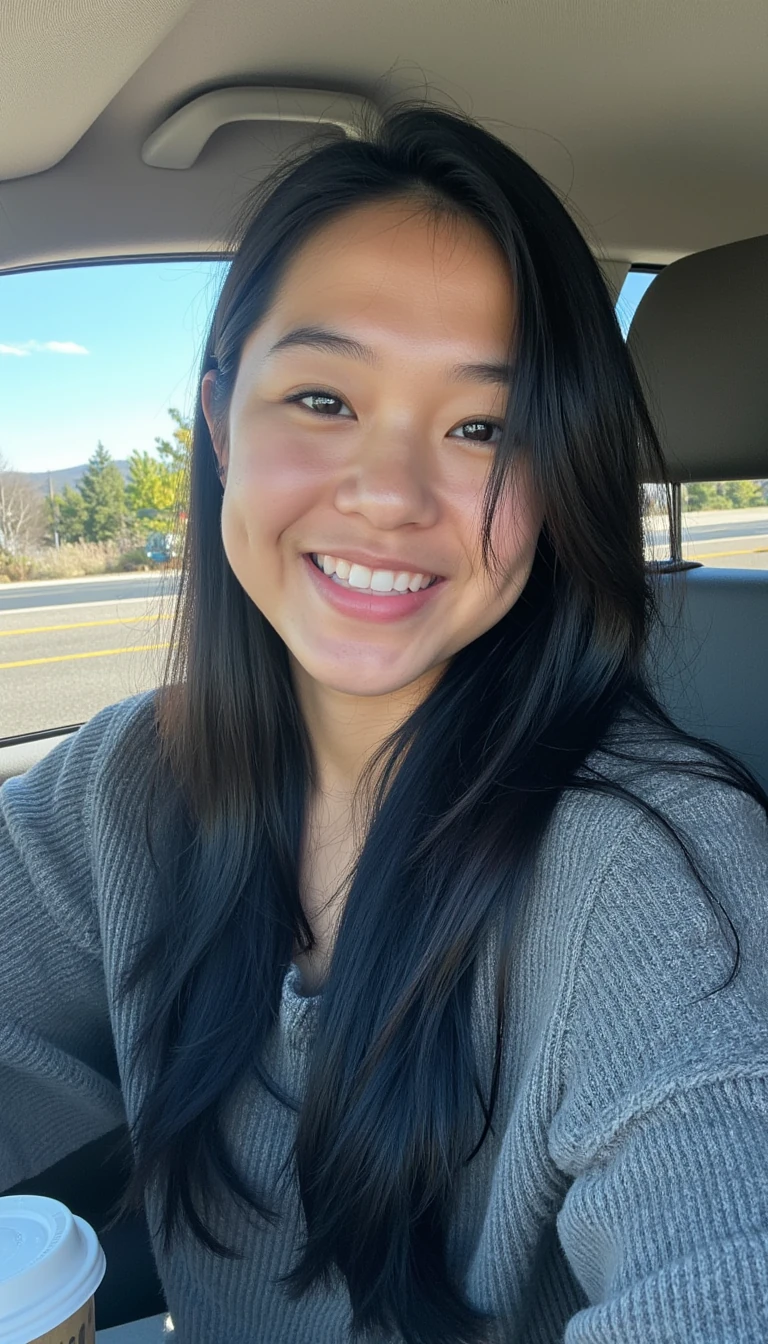 boring low quality snapchat photo circa 2015, A young woman with a warm smile, sitting in the driver's seat of a cozy car. She has soft, straight black hair cascading past her shoulders. The sunlight streams through the window, casting a gentle glow on her face. The interior of the car is neat and comfortable, with a coffee cup in the cup holder and a small plant on the dashboard. The background outside the window shows a scenic road lined with trees and blue skies