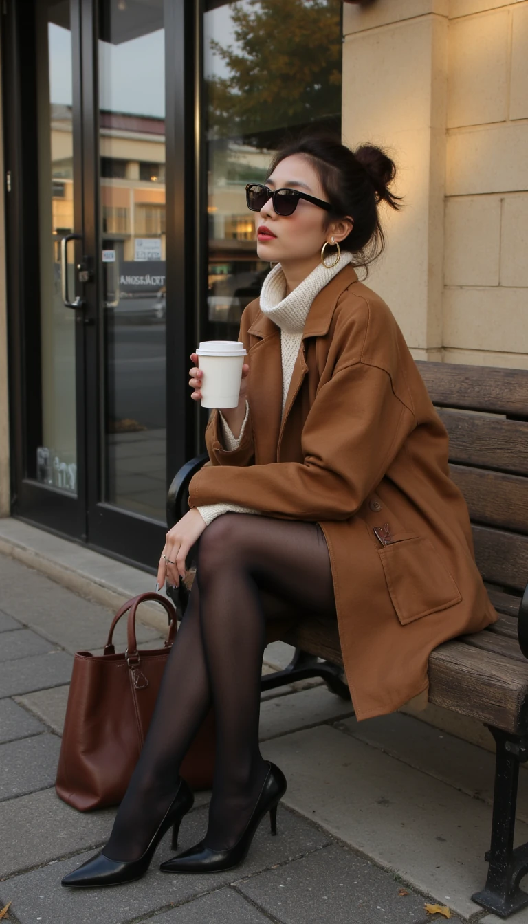 ultrarealistic photo of {your_lora}, shot from 1.8 meters at waist-height, soft low angle, camera tilted gently upward from the side for a cinematic side-profile composition, using a 50 mm f/2.8 lens to create shallow depth and creamy bokeh. She’s seated on a rustic wooden bench outside a modern street café, near a glass door that captures a faint urban reflection. The time is late afternoon, casting warm golden light and gentle shadows across a neutral stone wall behind her. She wears a brown oversized blazer over sheer black tights, a white knit sweater draped casually over her shoulders, and sharp black pointed heels. Her posture is relaxed and editorial — legs crossed with natural ease, one arm draped over her lap while the other hand holds a white takeaway coffee cup with a soft grip. Her hair is tied into a loose messy bun, framed by dark oversized sunglasses and large gold hoop earrings catching the sun. Beside her on the pavement: a structured brown handbag and a second takeaway cup placed on the bench. Warm autumn tones, soft textures, and a quiet candid mood define the frame — effortless, modern, cinematic.
NEGATIVE_PROMPT:
shiny skin, glass face, over-smooth texture, plastic hands, extra fingers, stiff pose, fantasy filter, glowing highlights, cartoon proportions, HDR filter, background glitches, beauty filter, lens flare, bad lighting, anime style, unbalanced shade