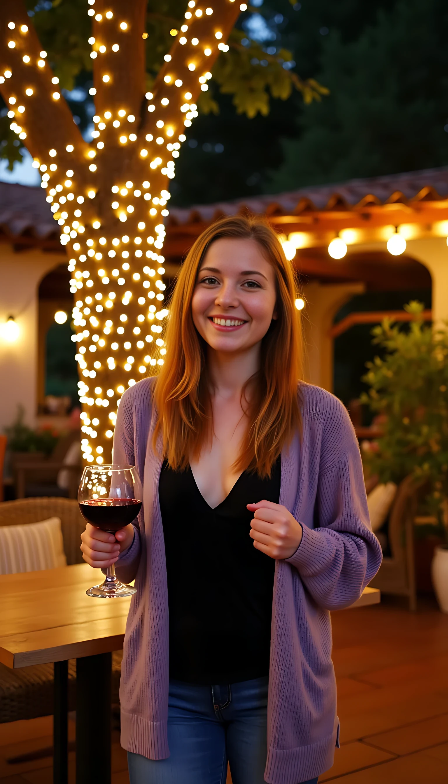 A full body shot photo of CSTMDL standing outdoors at a cozy, warmly lit patio in the evening, with soft, glowing lights wrapped around a tree behind them creating a charming atmosphere. The image is rich in detail, with warm tones and clear textures throughout. The woman has fair skin, a slim build, and long reddish-blonde hair, also worn loose. She is smiling warmly at the camera, holding a glass of red wine in her right hand, and wears a soft-textured lavender cardigan over a black top. The background features a large tree with sparkling string lights wrapped around its trunk and branches, adding a magical touch to the scene. The setting suggests a private outdoor seating area, with elements like terracotta-tiled roofing, greenery, and rattan chairs contributing to a serene, inviting vibe. The overall composition is balanced, with the woman framed against the softly glowing tree, and the lighting enhances the warm, intimate feel of a quiet evening shared among friends. The details are vivid, with textures of clothing, skin, and background elements clearly visible, while the warm lighting creates a relaxed and joyful mood