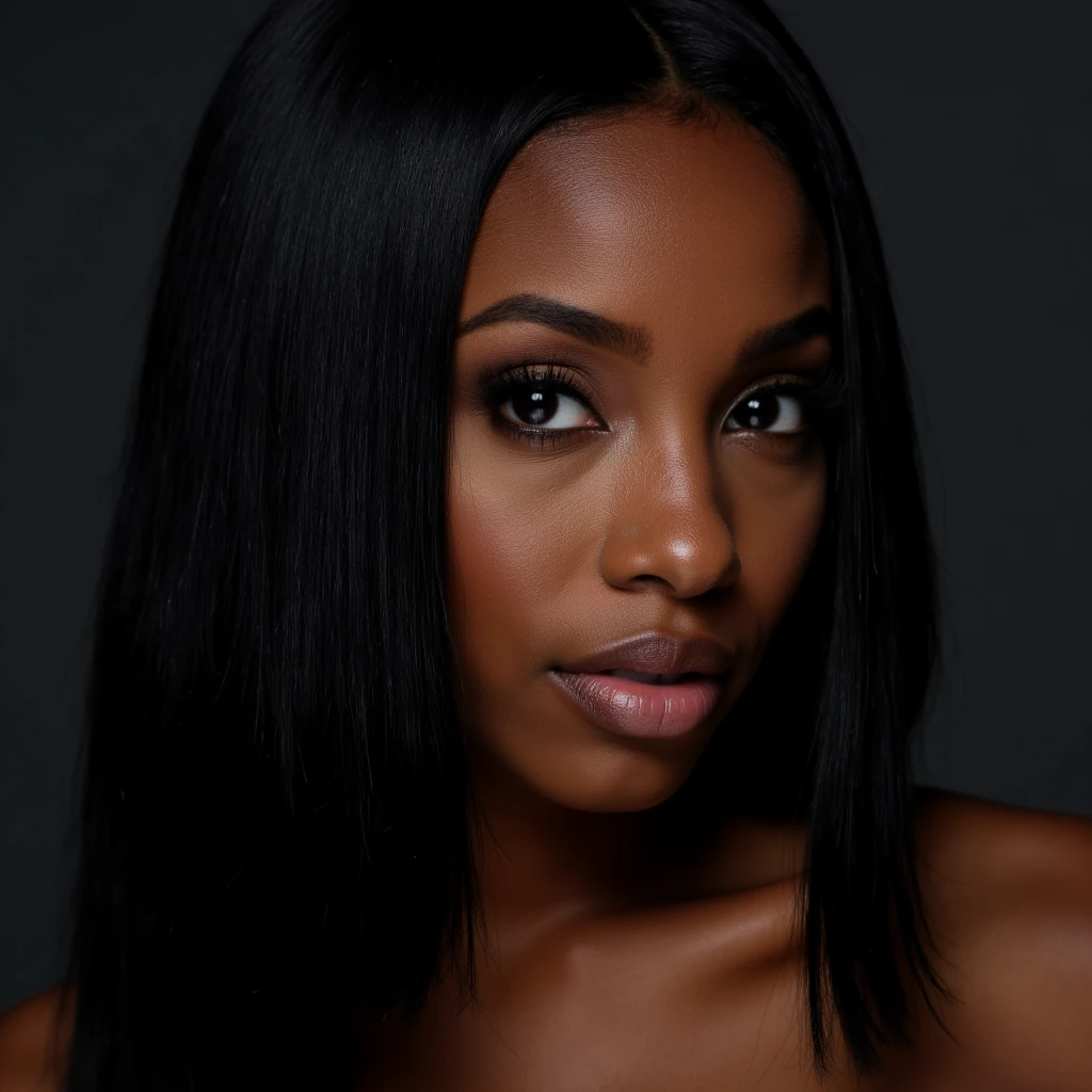 Portrait of a pretty black woman with straight black hair. Well lit, showing alot of her face. eyes slightly slanted up.