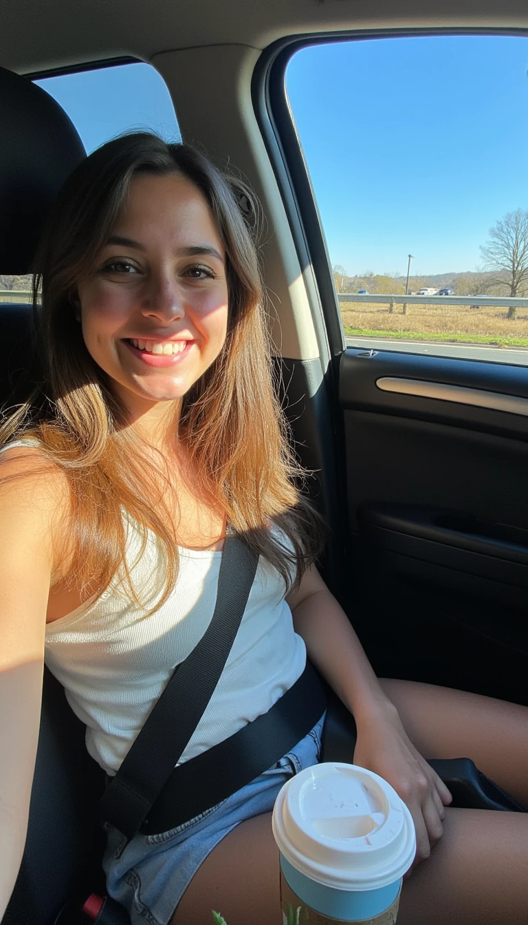boring low quality snapchat photo circa 2015, A young woman with a warm smile, sitting in the driver's seat of a cozy car. She has soft, wavy brown hair cascading past her shoulders. The sunlight streams through the window, casting a gentle glow on her face. The interior of the car is neat and comfortable, with a coffee cup in the cup holder and a small plant on the dashboard. The background outside the window shows a scenic road lined with trees and blue skies