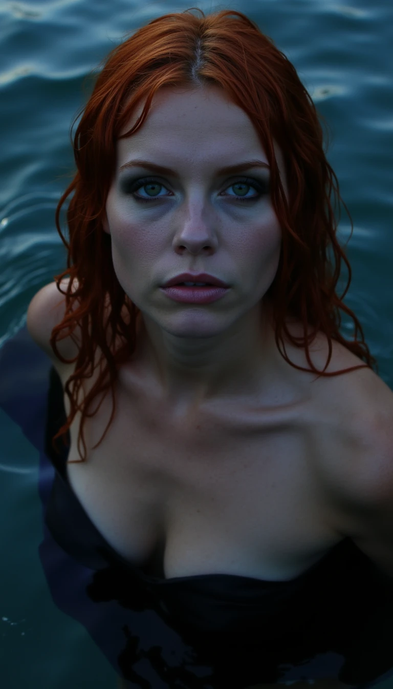 Siren Meets Midnight
	•	Soft focus shot of a siren’s face and upper body emerging from the water.
	•	Wet Red hair, smoky Green eyes, parted lips — inviting but not explicit.
	•	Blends ocean blues with deep blacks/purples for the “midnight” feel.
