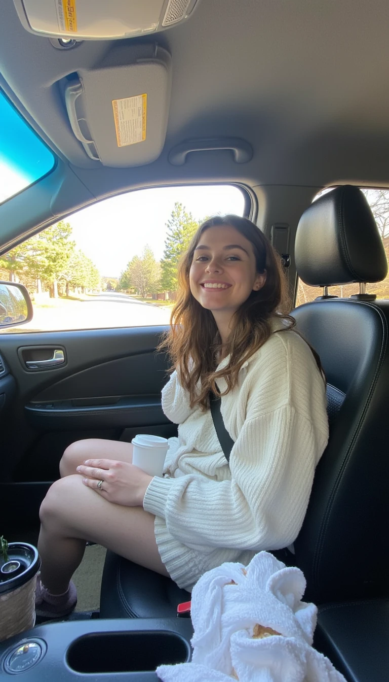 boring low quality snapchat photo circa 2015, A young woman with a warm smile, sitting in the driver's seat of a cozy car. She has soft, wavy brown hair cascading past her shoulders. The sunlight streams through the window, casting a gentle glow on her face. The interior of the car is neat and comfortable, with a coffee cup in the cup holder and a small plant on the dashboard. The background outside the window shows a scenic road lined with trees and blue skies